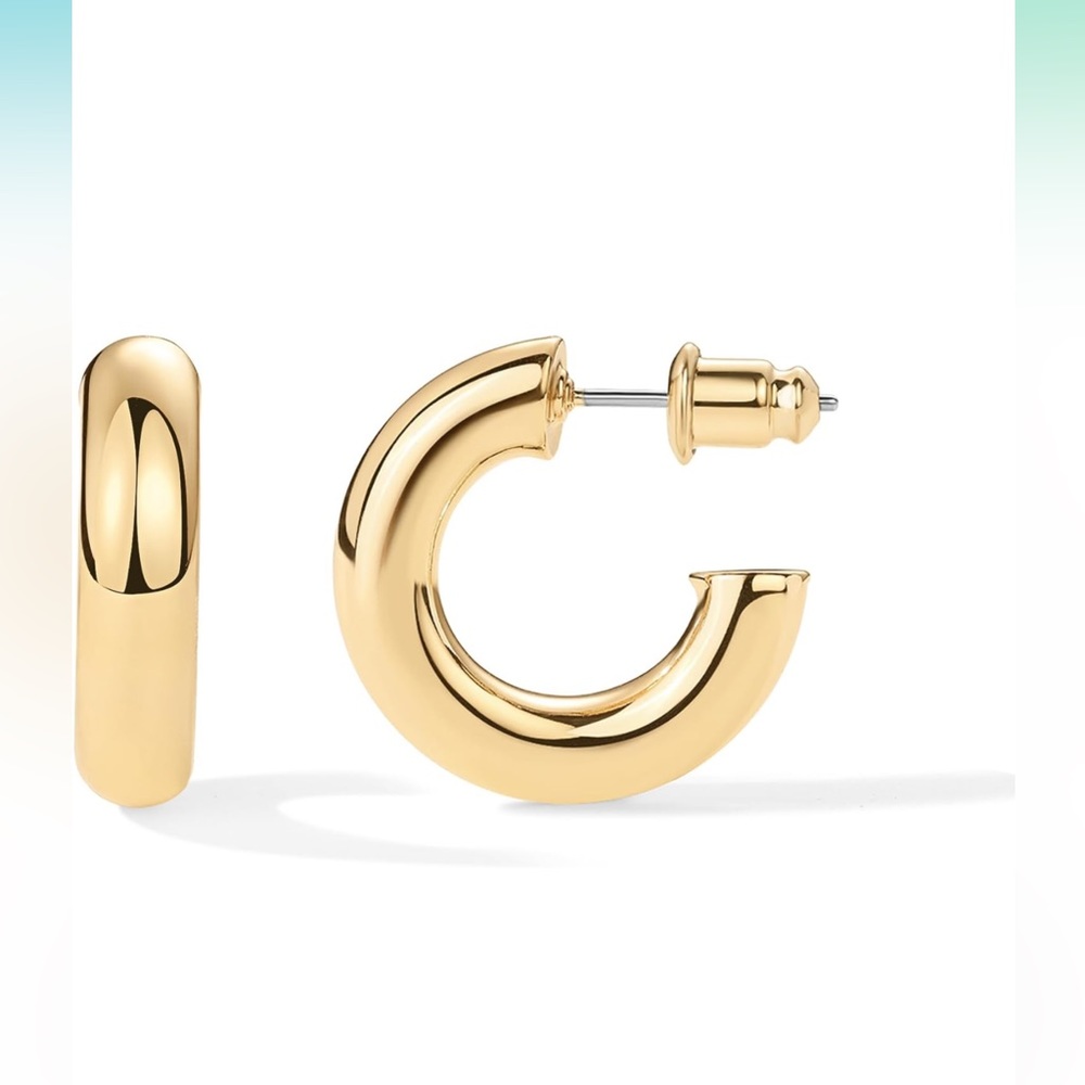 14K Gold Plated Small Lightweight Chunky Open Hoops Gold Hoop Earrings for Women - Picture 4 of 4